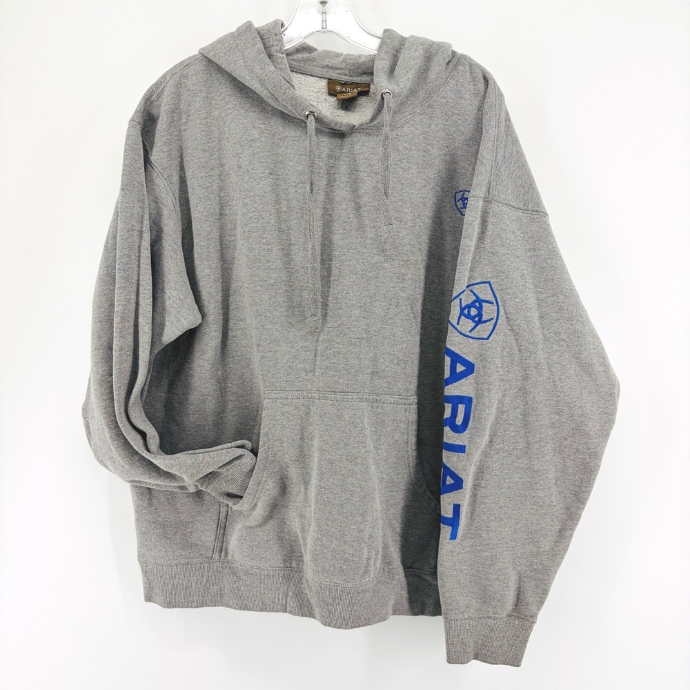 Ariat Hoodie Mens L Heather Gray Pullover Blue Sleeve Embroidered Logo Sweater